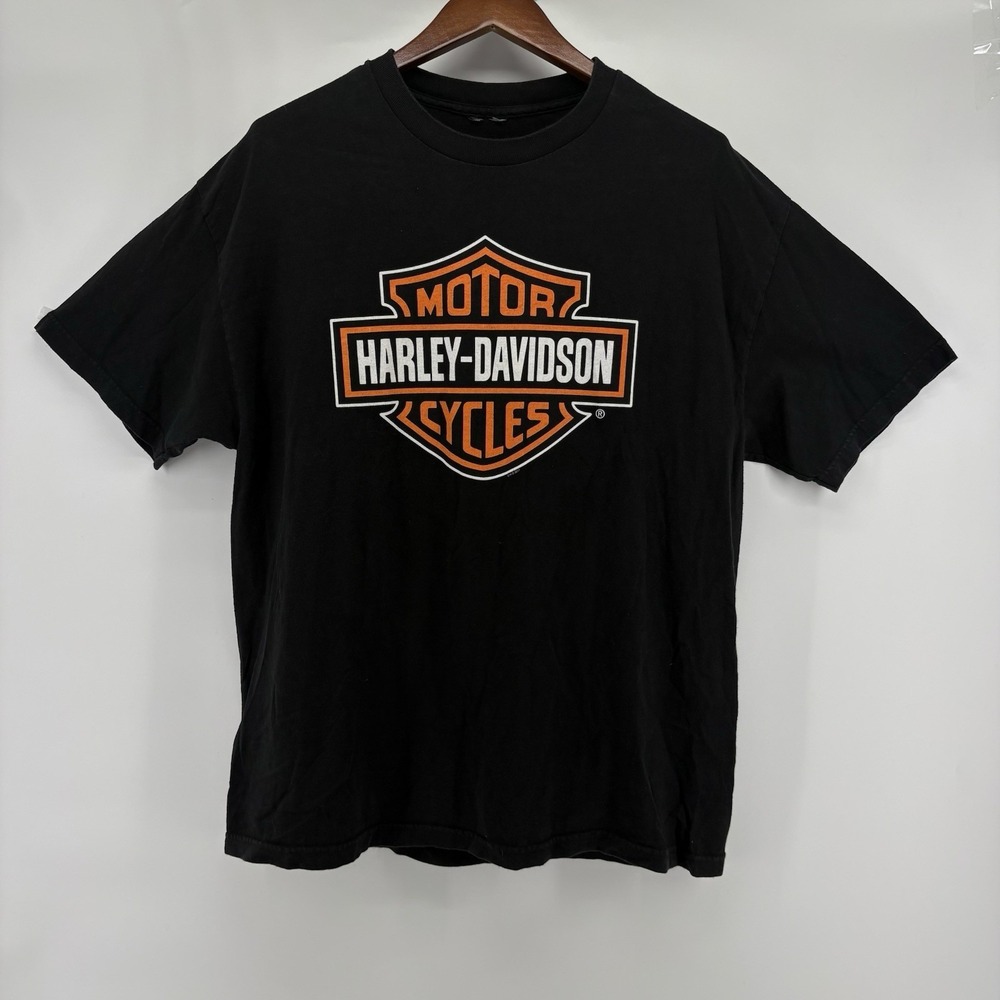 Harley-Davidson Men's Orange Bar & Shield Black T-Shirt Oconomowoc, Wisconsin XL